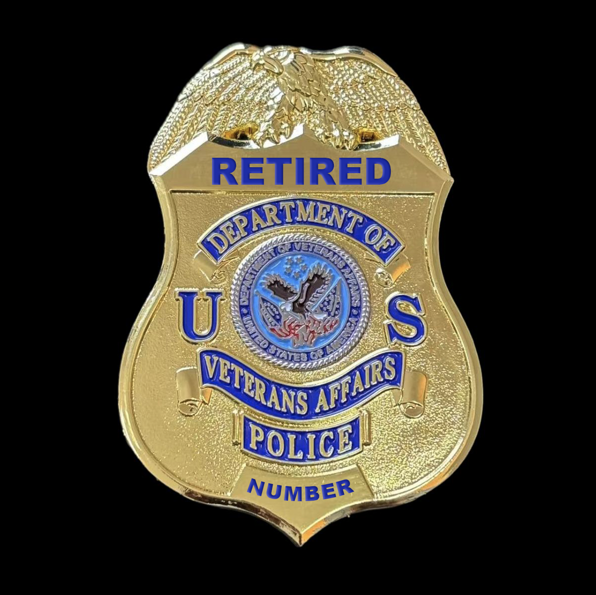 US Department of Veterans Affair Police Retired Badge Replik Filmrequisiten Personalisierbare Nummer 